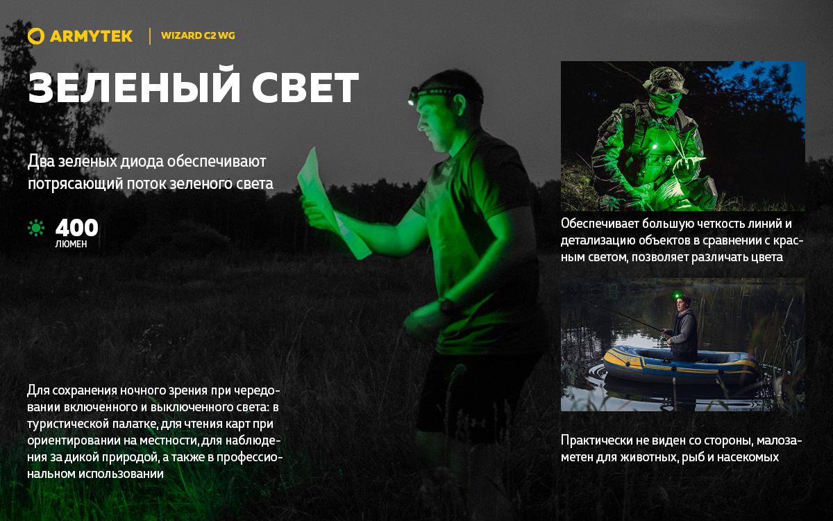 Мультифонарь светодиодный Armytek Wizard C2 WG Magnet USB F09201W, 1020/400 люмен, тёплый/зелёный свет - фото